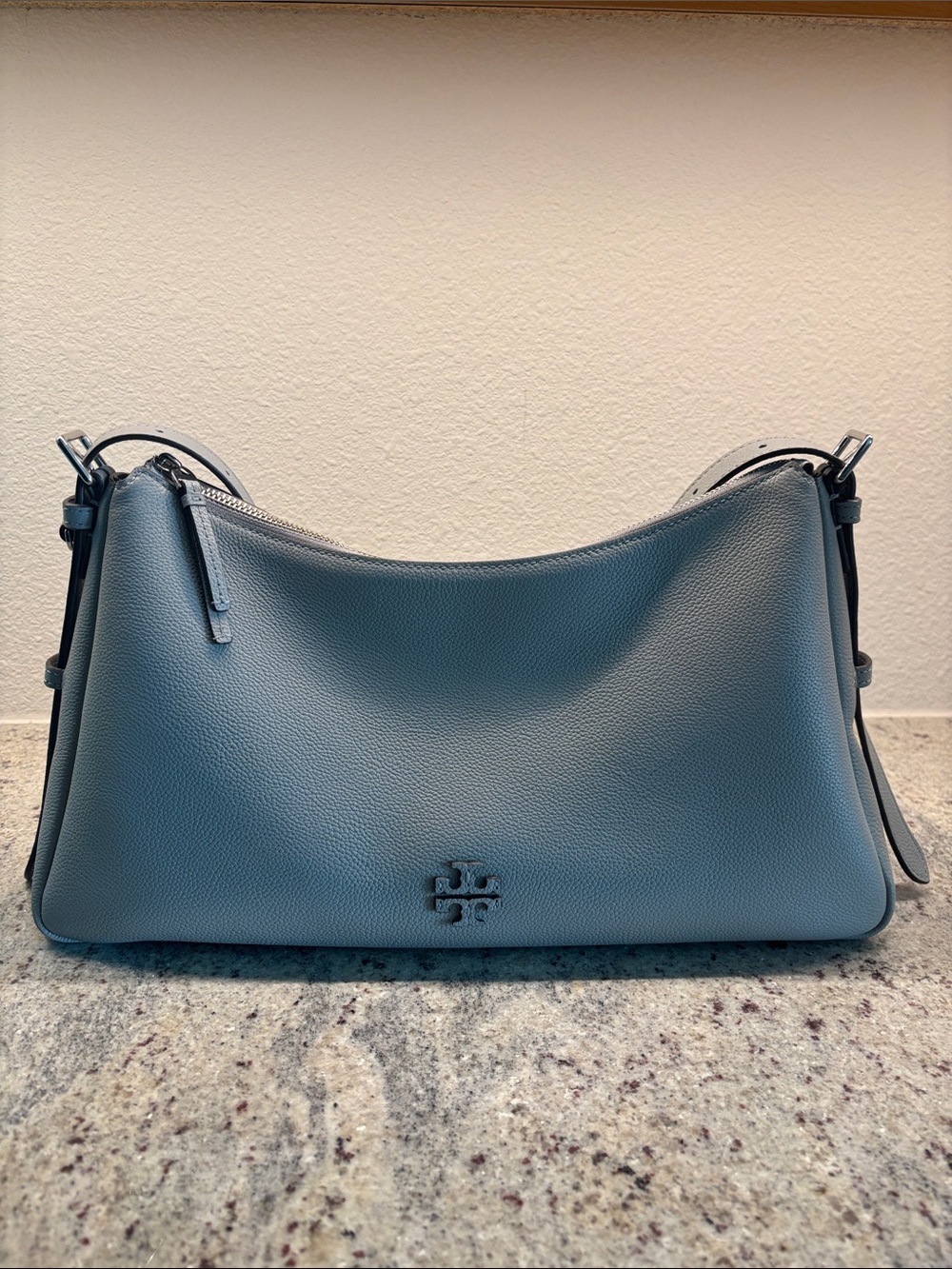 Tory Burch Slate Gray Pebbled Leather Hobo Shoulder Bag